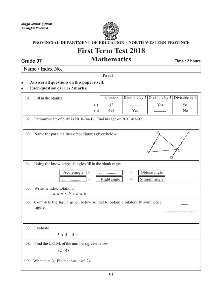 Grade 7 Mathematics First Term Test 2018 | PDF | Line (Geometry ...