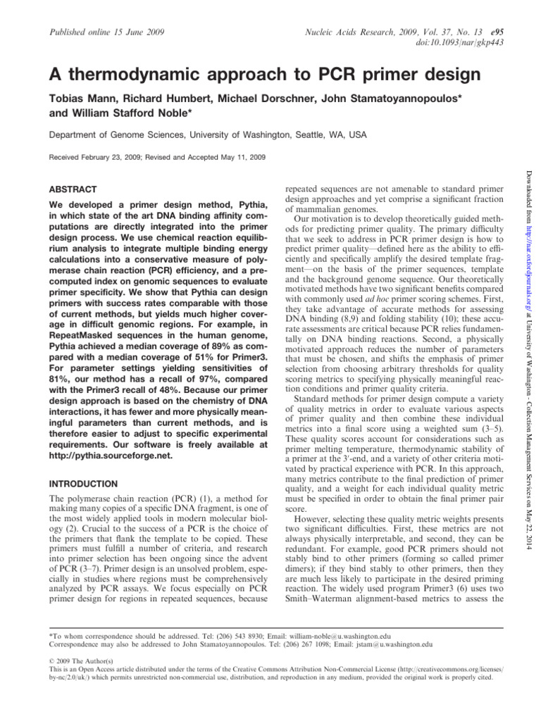 A Thermodynamic Approach To PCR Primer Design | PDF | Primer (Molecular ...