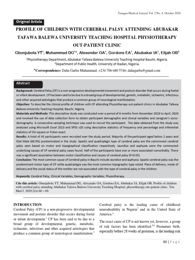Profile of Children With Cerebral Palsy Attending Abubakar Tafawa ...