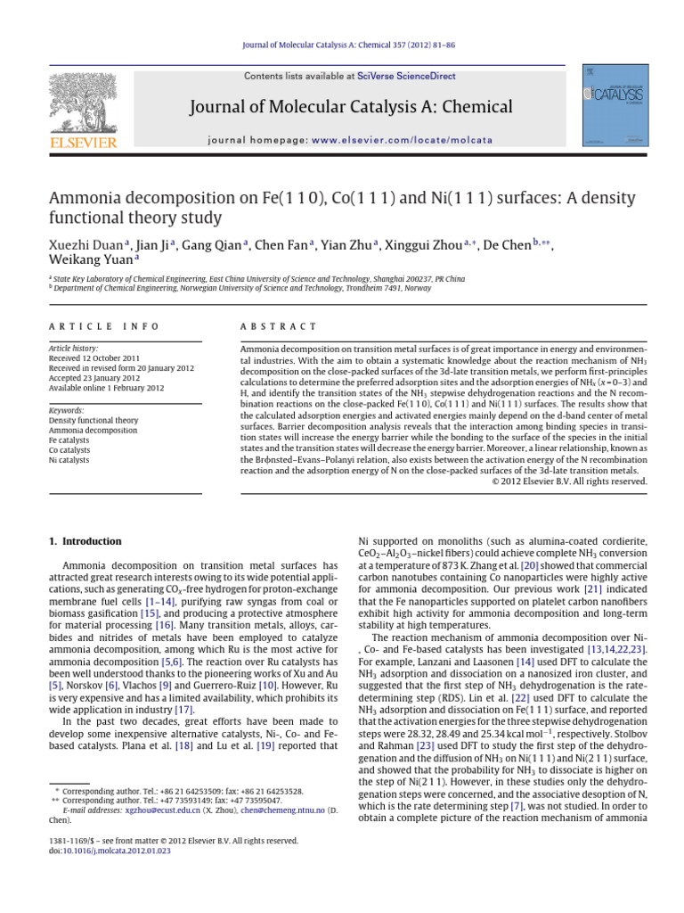 Ammonia Decomposition on Metal Surfaces | PDF | Adsorption | Catalysis