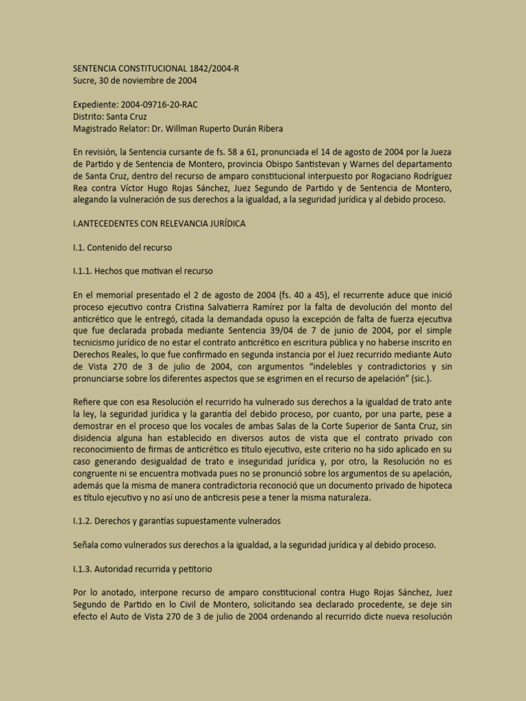 Sentencia Constitucional 1842 - 2004 | PDF | Caso de ley | Sentencia (ley)