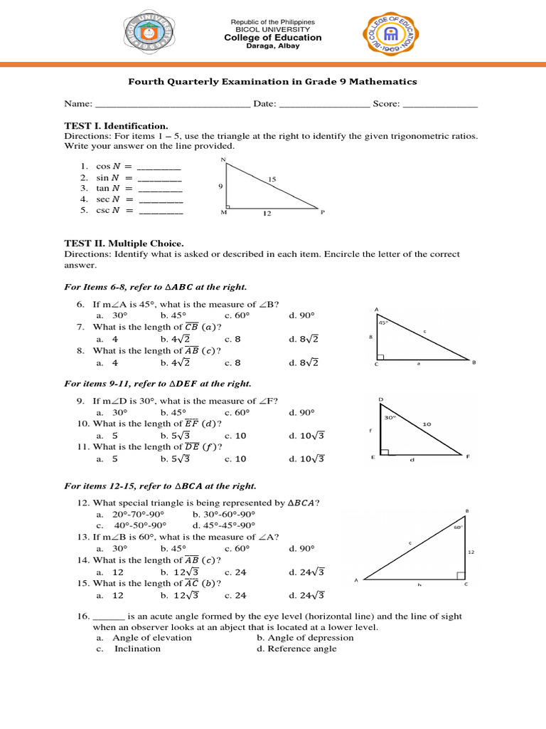 Prototype quarterly test pdf trigonometric functions triangle