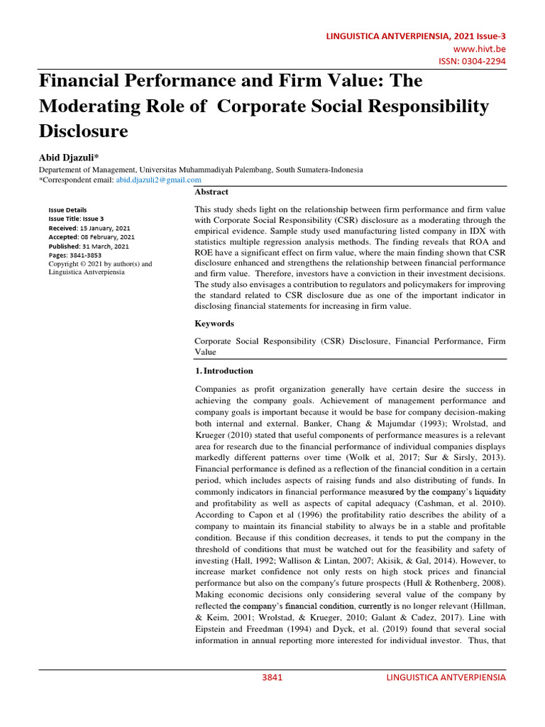 Financial Performance and Firm Value The | PDF | Corporate Social ...