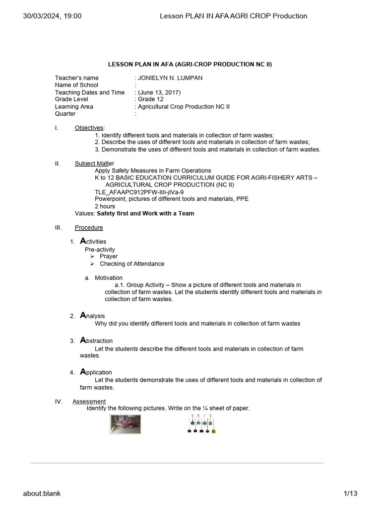 Lesson Plan for Agri-Crop Production | PDF | Lesson Plan | Teachers