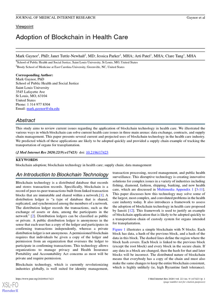 Adoption of Blockchain in Health Care | PDF | Electronic Health Record ...