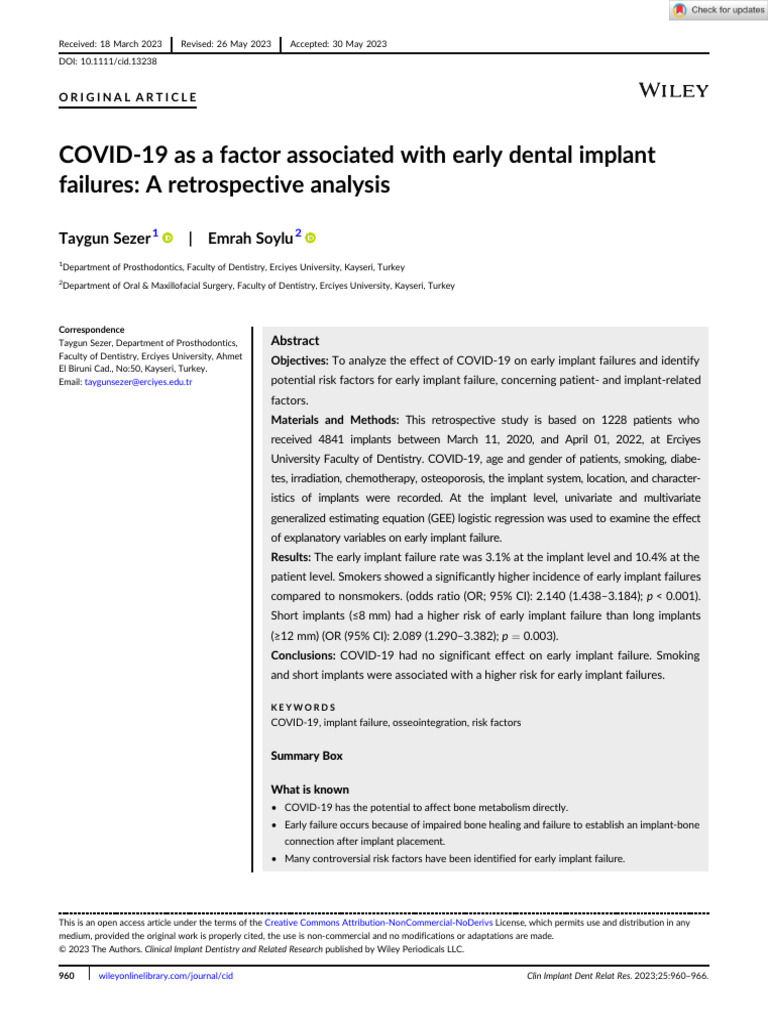 COVID-19 and Early Dental Implant Failures | PDF | Dental Implant ...