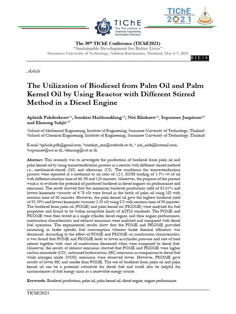Paper No.1 - (2021) The Utilization of Biodiesel From Palm Oil and Palm ...