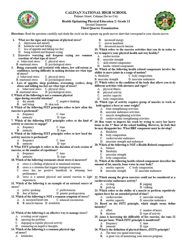Grade 11 Health PE Exam: Stress & Fitness | PDF | Stress (Biology ...