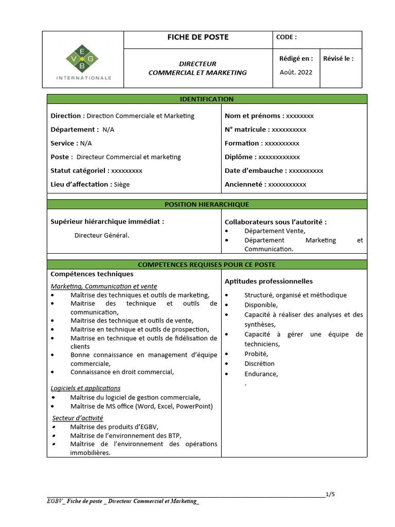 Fiche de Poste : Directeur Commercial | PDF | Commercialisation ...