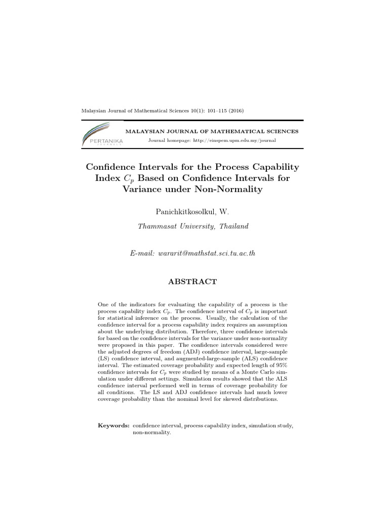 Confidence Intervals for Cp Index | PDF | Normal Distribution | Variance
