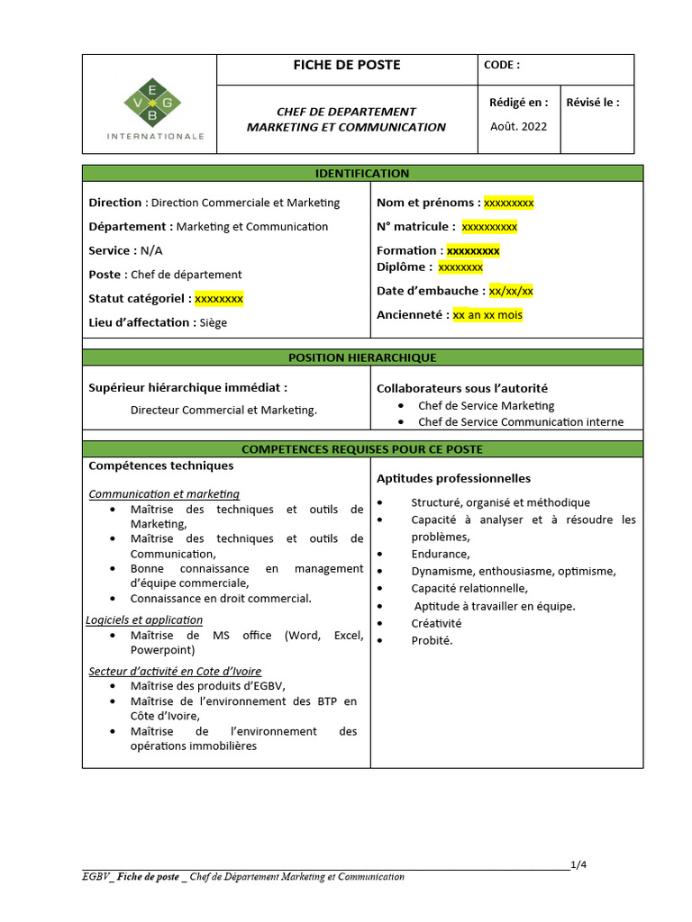 2-B-2 Fiche de Poste de Chef de Département Marketing Et Communication ...