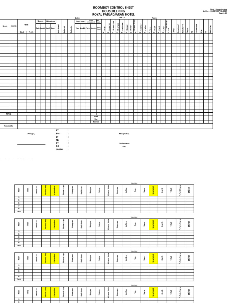 Housekeeping Control Sheet Template | PDF | Hygiene