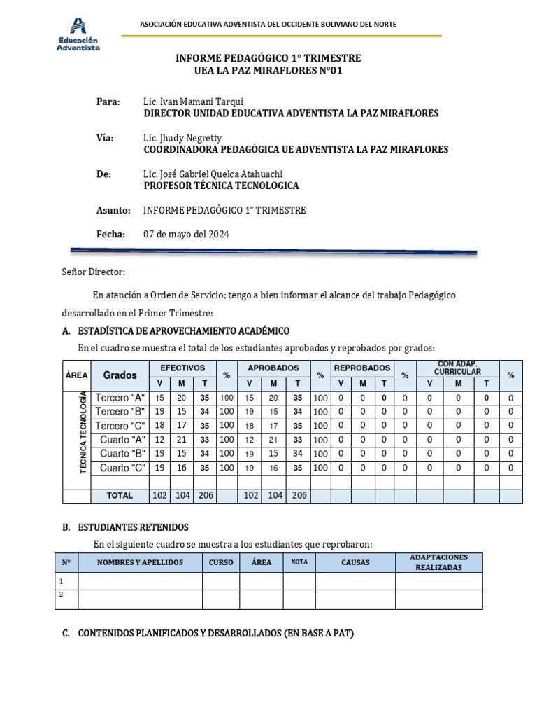 Informe Académico 1° Trimestre UEA La Paz | PDF