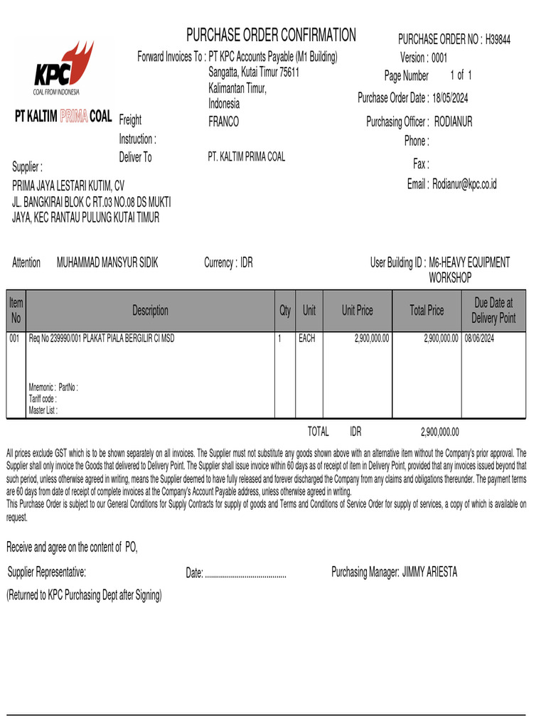 Purchase Order Confirmation - PT KPC | PDF | Accounts Payable | Invoice
