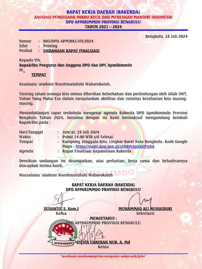 Undangan Rakerda APMIKIMMDO Bengkulu | PDF