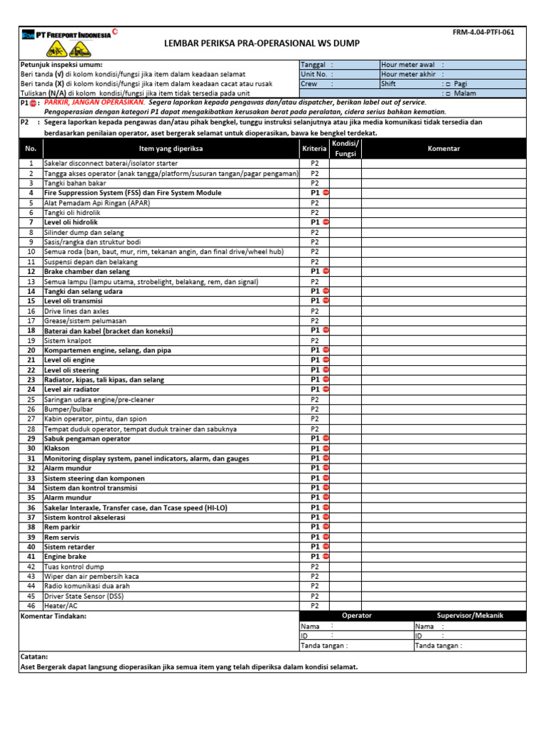 Pre-Ops Check Form WS DUMP - INA | PDF | Teknologi & Rekayasa