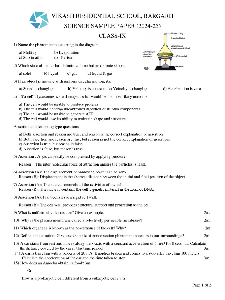 Cl-Ix-Pt-1 Sample Paper | PDF | Cell (Biology) | Organelle