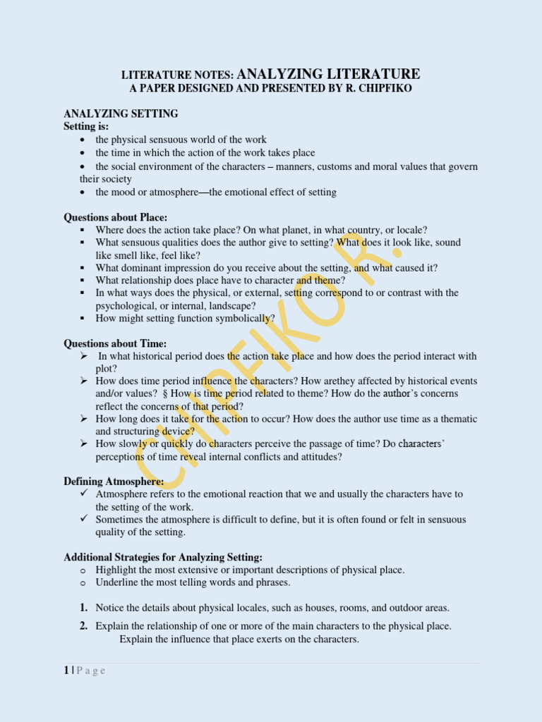Literature Notes On Analysis by R. Chipfiko | PDF | Narration | Plot ...