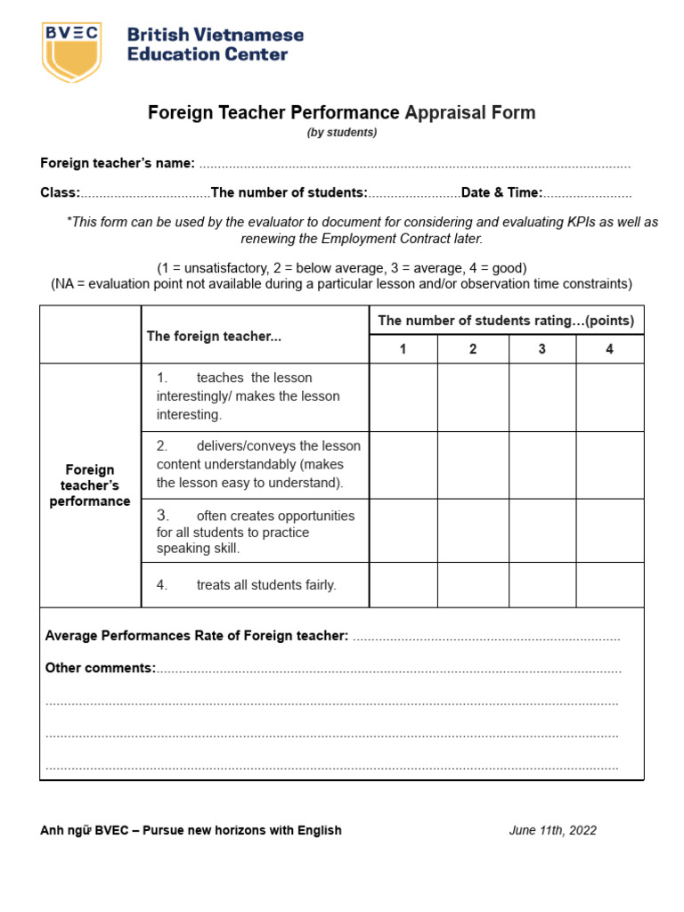 Foreign Teacher Evaluation Form | PDF | Business | Behavior Modification