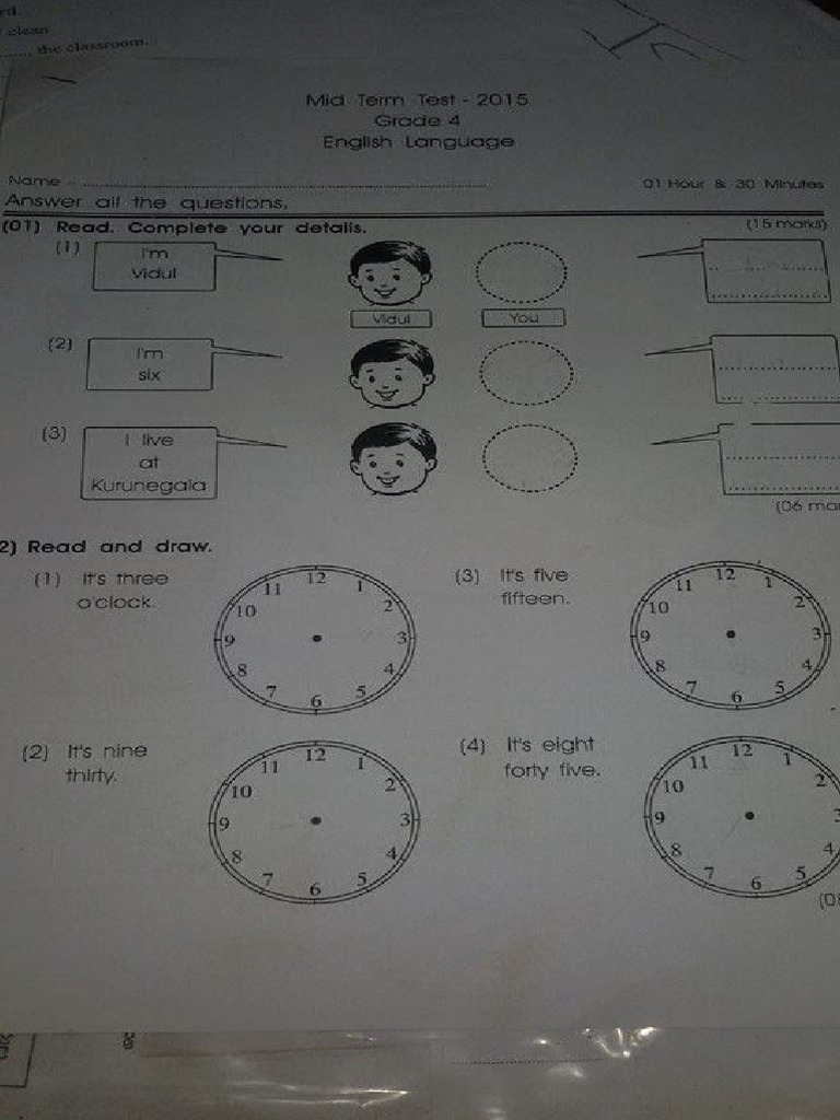 Grade 4 English Mid Term Test 2015 Pdf