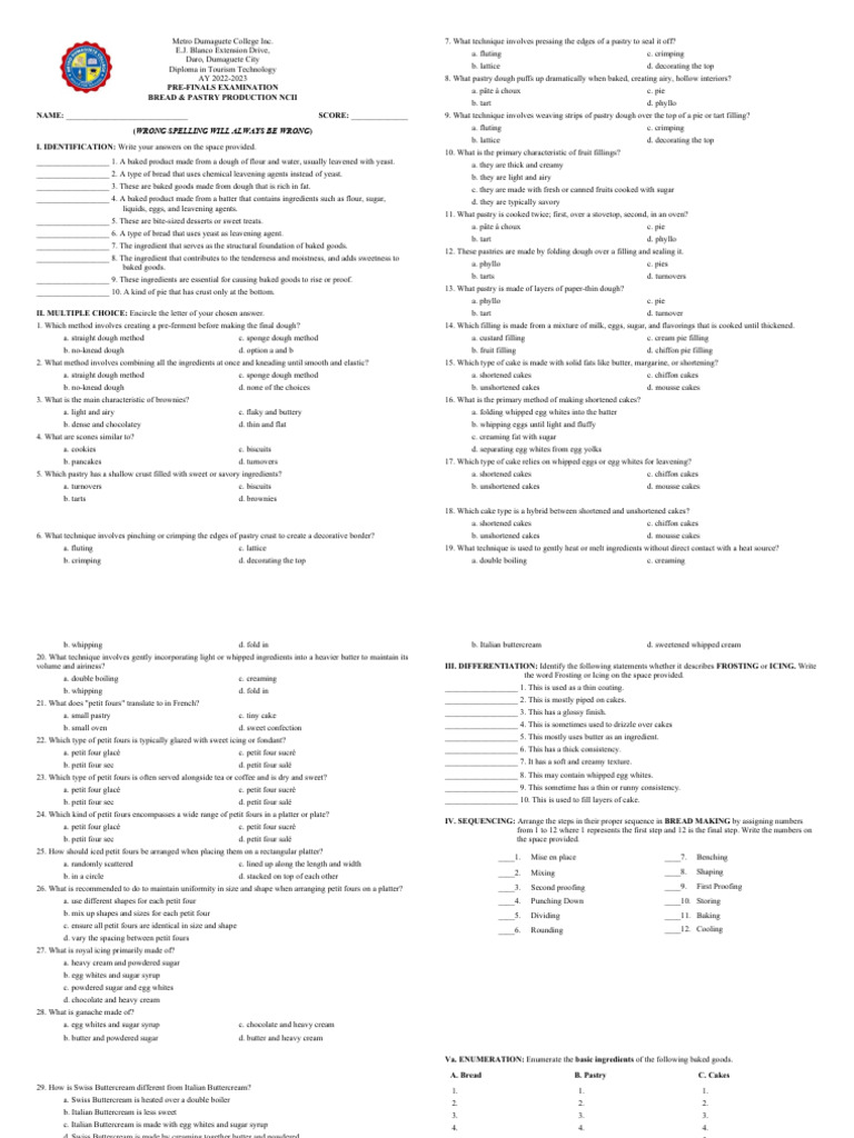Bread & Pastry Production NCII Pre-Finals Questionnaire | PDF | Cakes ...