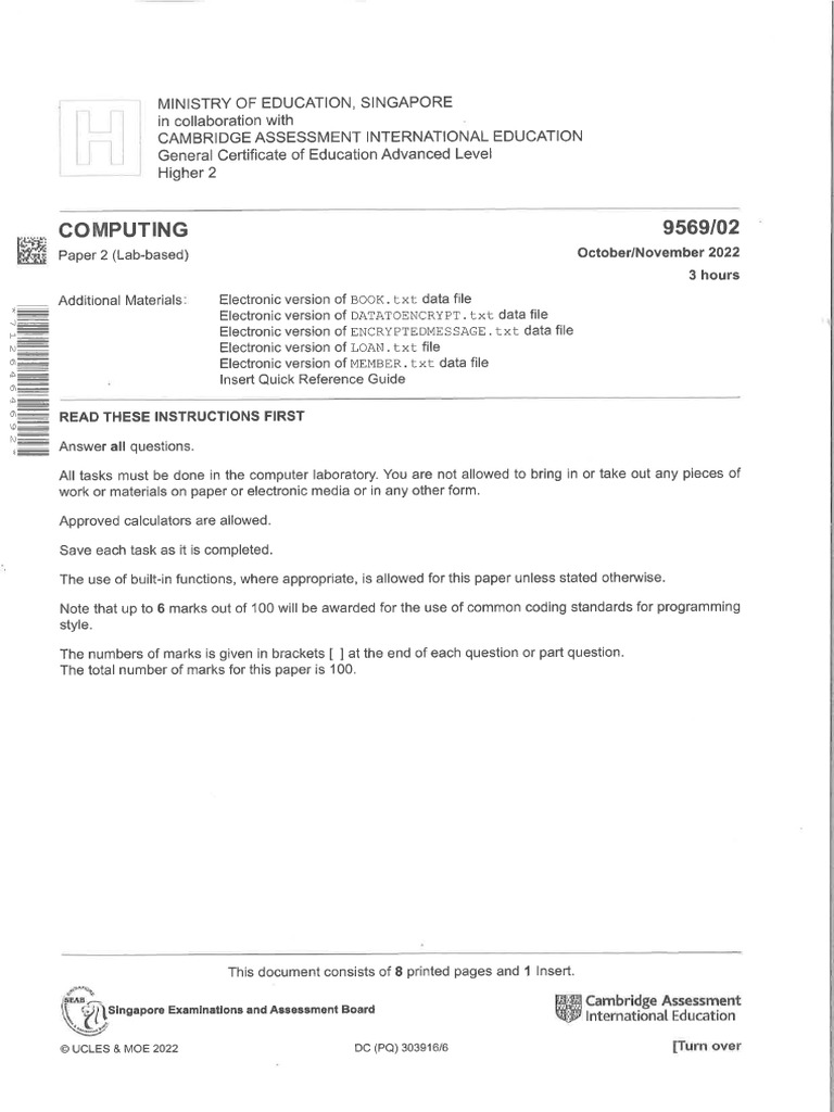 H2 Computing Lab Paper 9569/02 2022 | PDF | Computer Program | Programming
