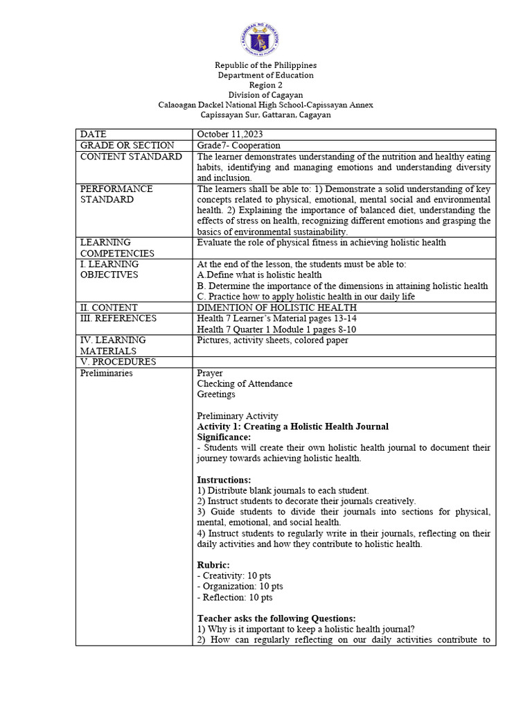 Holistic Health Education for Grade 7 | PDF | Learning | Rubric (Academic)