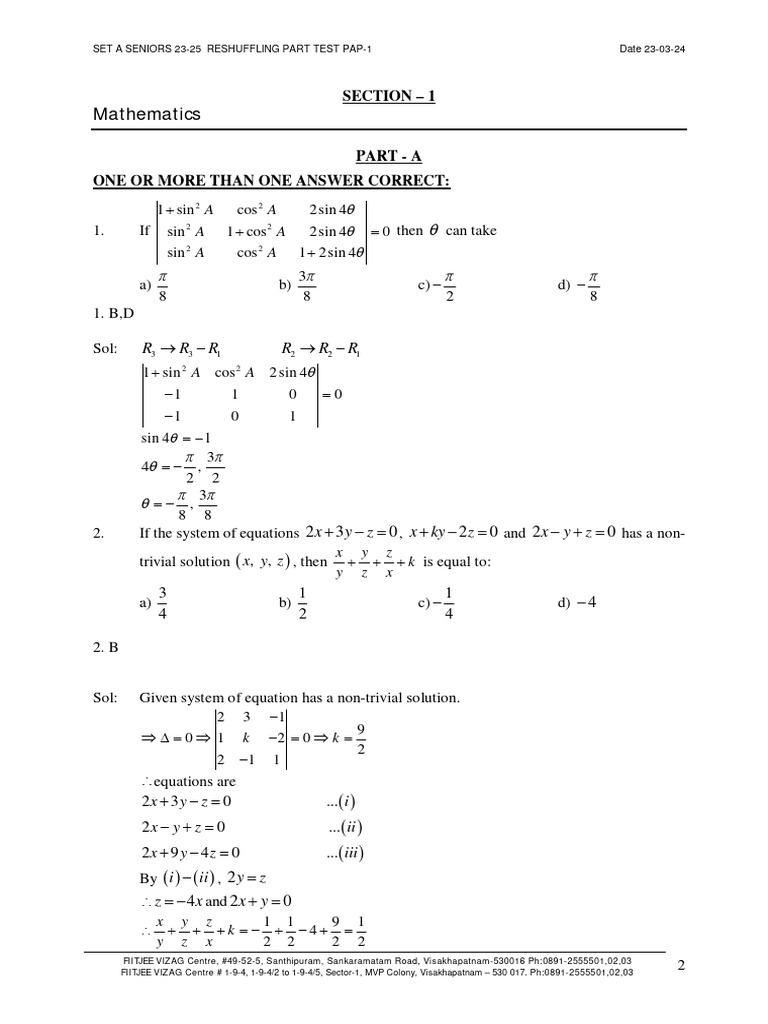 Senior Reshuffling Test Paper 1 | PDF | Trigonometric Functions | Equations