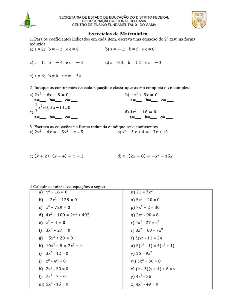 Exercícios de Equação do 2º Grau | PDF