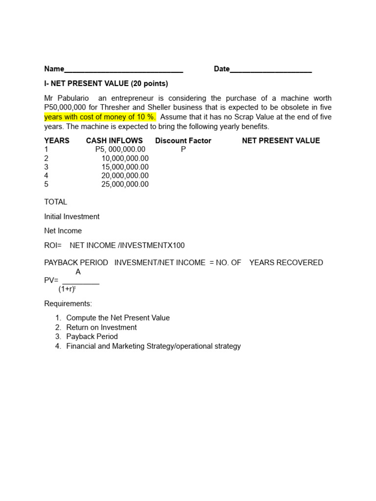 Financial Analysis: NPV, ROI, Payback | PDF | Net Present Value ...