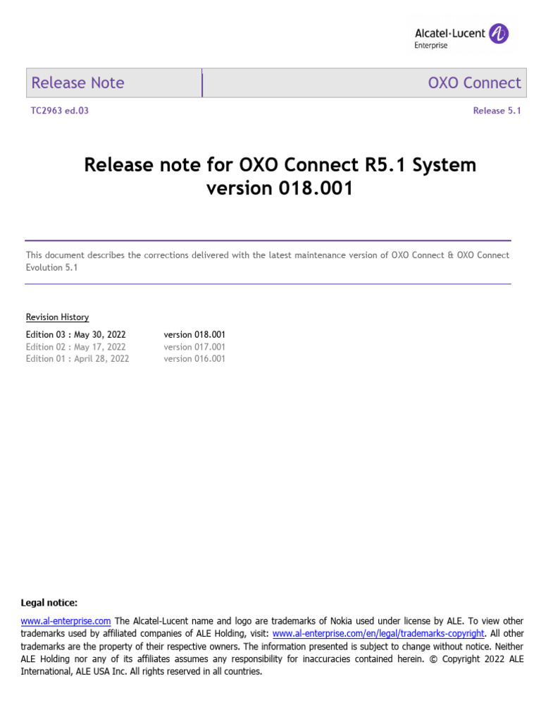 TC2963en-Ed03 Release Note For OXO Connect R5.1 Version System 018.001 ...