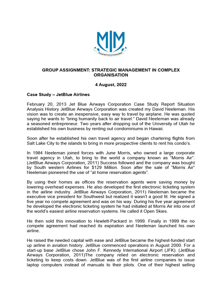 Case Study JetBlue Strategic Management Assignment Aug 2022 | PDF ...