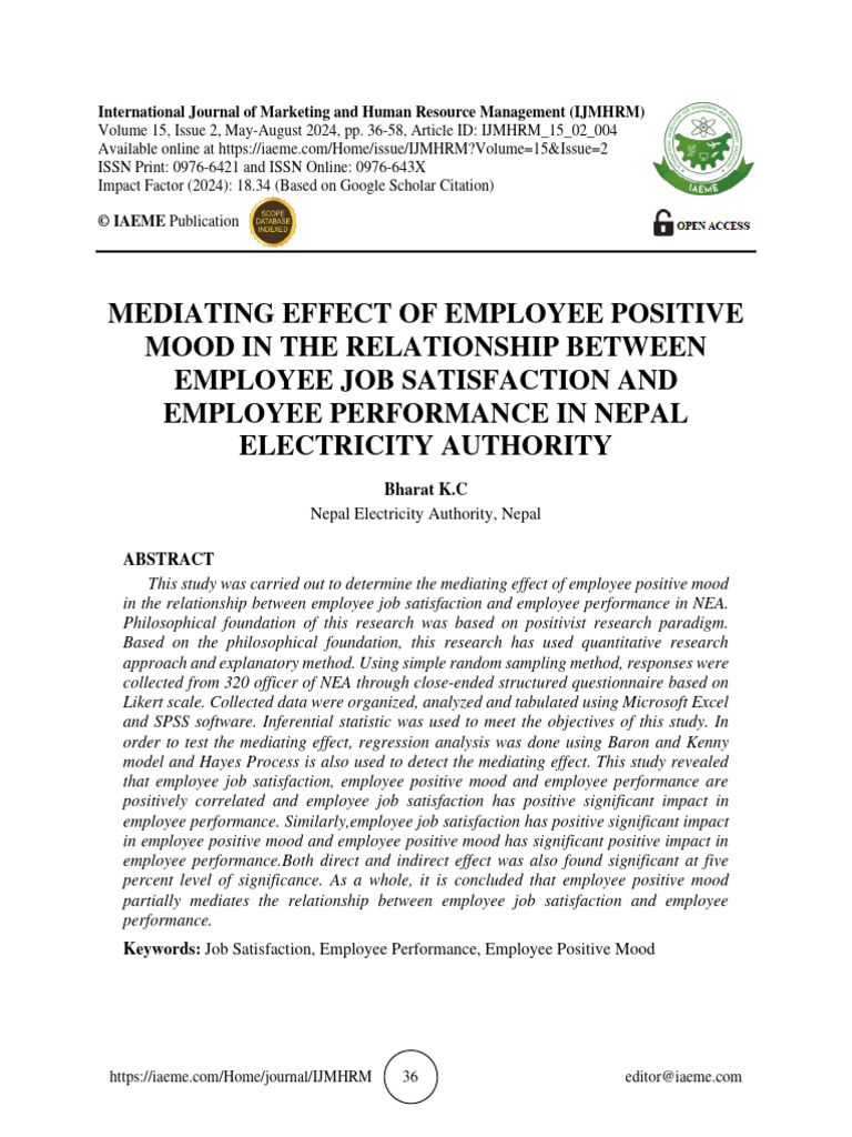Mediating Effect of Employee Positive Mood in The Relationship Between ...