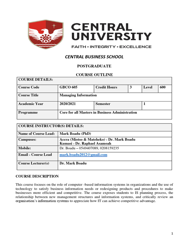 MBA MIS Course Outline 2020/2021 | PDF | Information System | Information