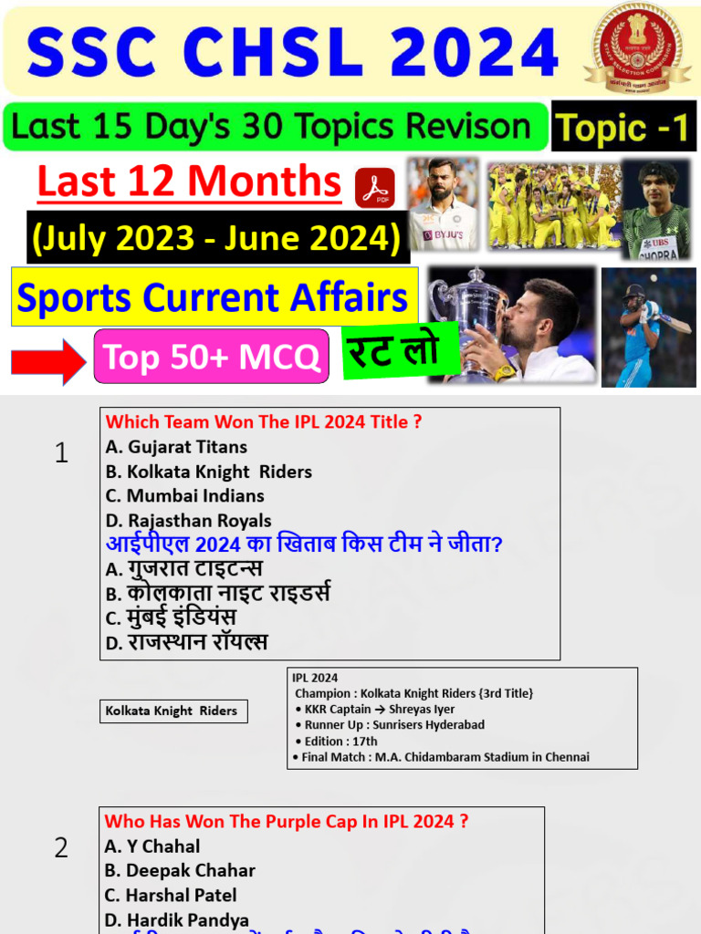 Topic-1 Sports Current Affairs 2024 | PDF