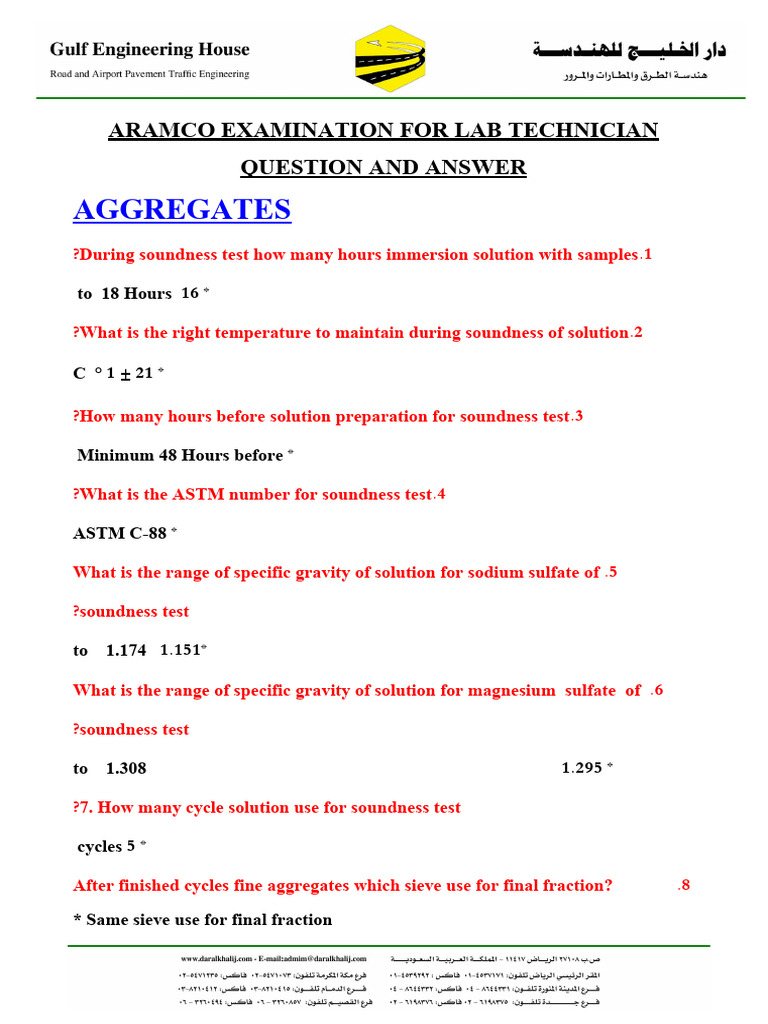 Aramco - Exam For Labtechnician-Aggregates | PDF | Litre | Solubility