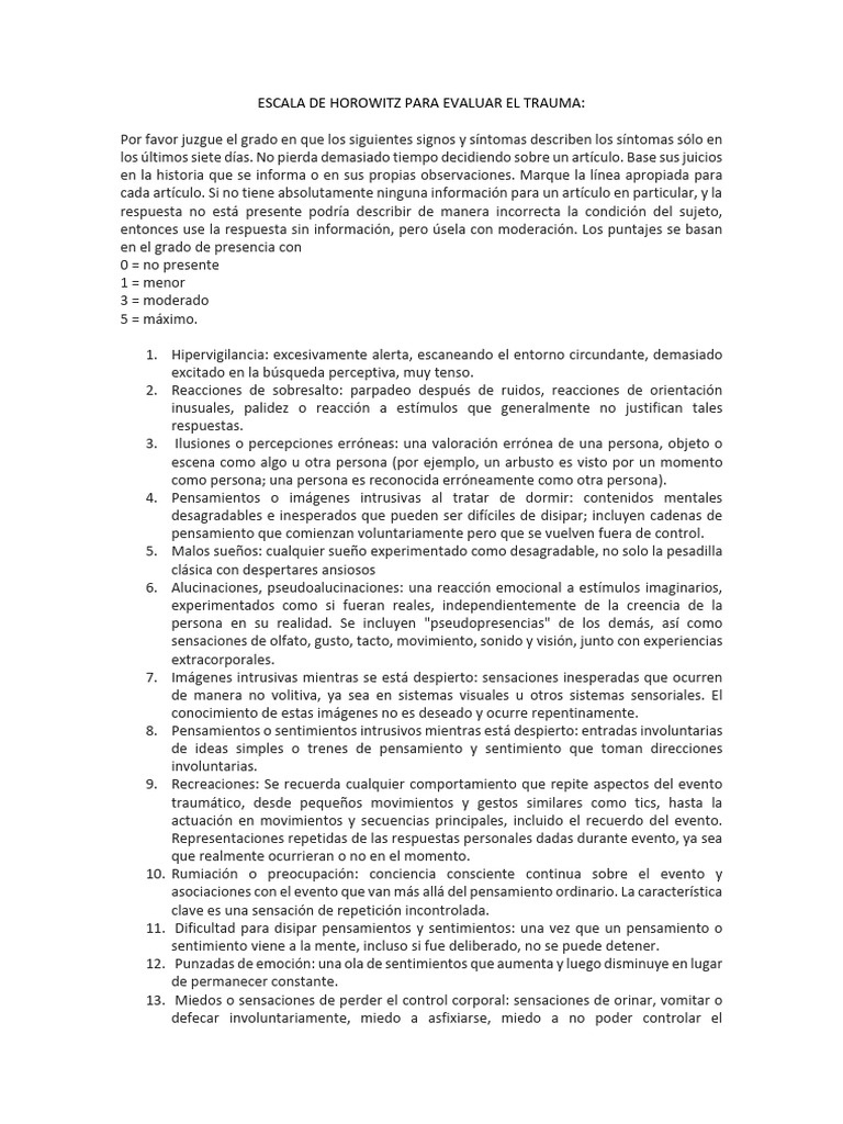Escala de Horowitz para Evaluar Trauma | PDF | Pensamiento | Trauma ...