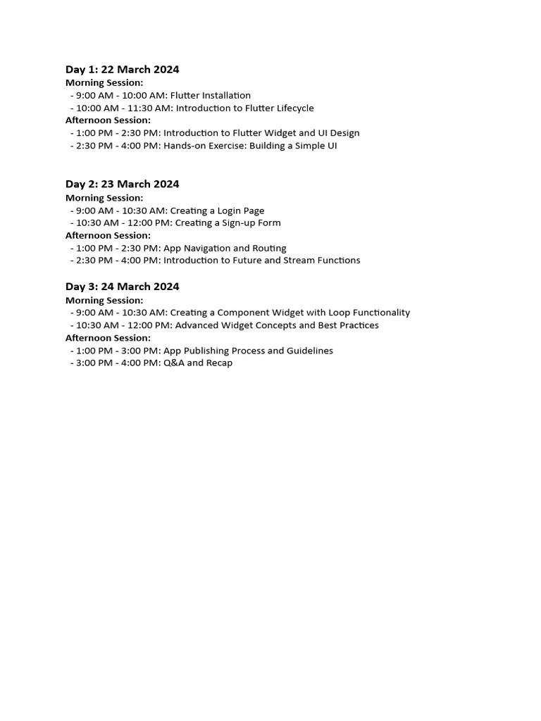 Flutter training shedule pdf