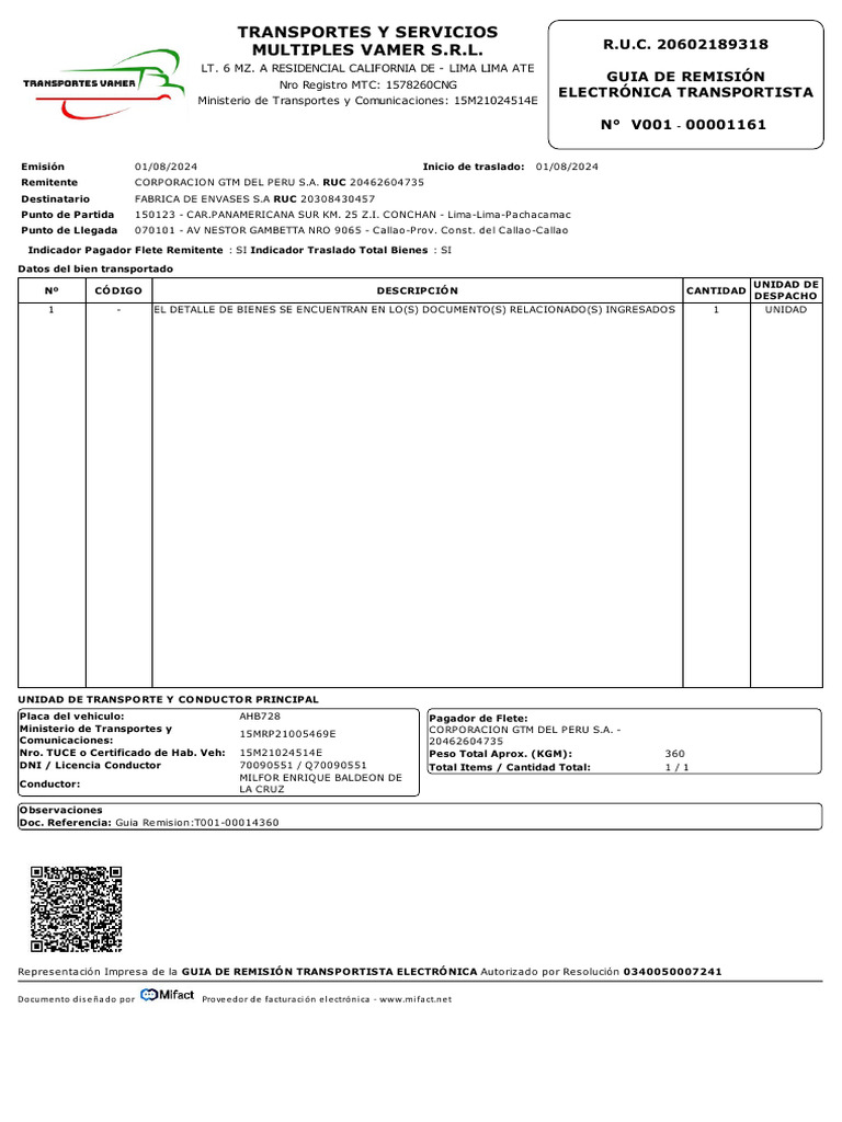 Transportes Y Servicios Multiples Vamer S.R.L | PDF