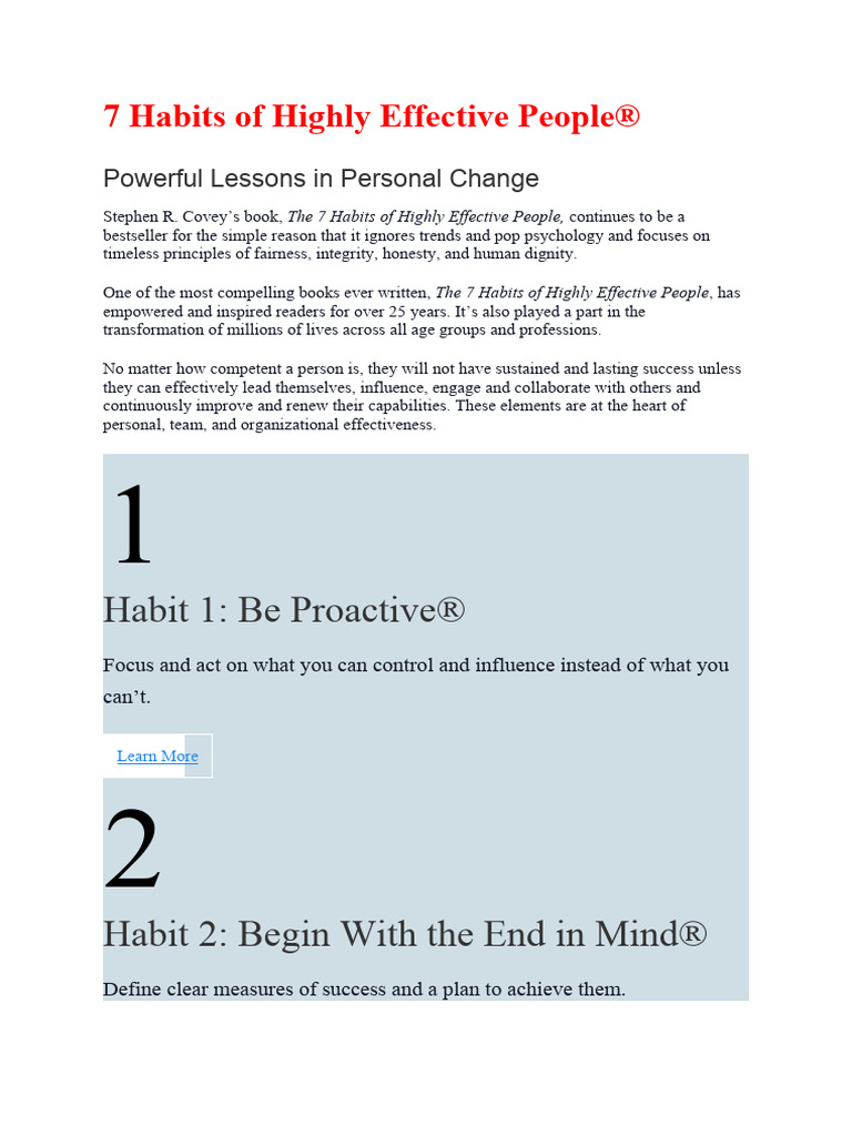 7 Habits of Highly Effective People | PDF | Psychology | Behavioural ...