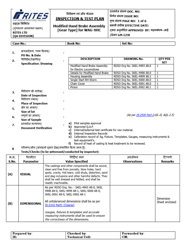 Inspection Plan for WAG-9HC Brake Assembly | PDF | Building Engineering ...