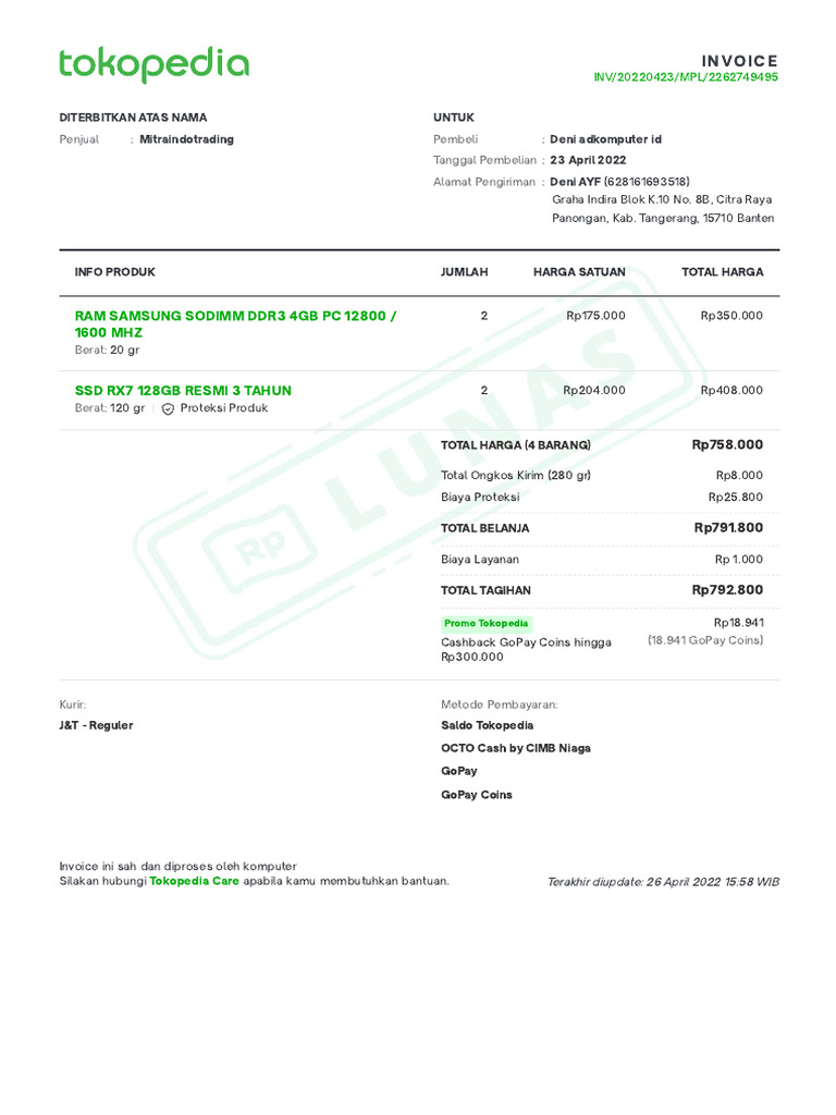 Invoice Pembelian Produk Tokopedia | PDF
