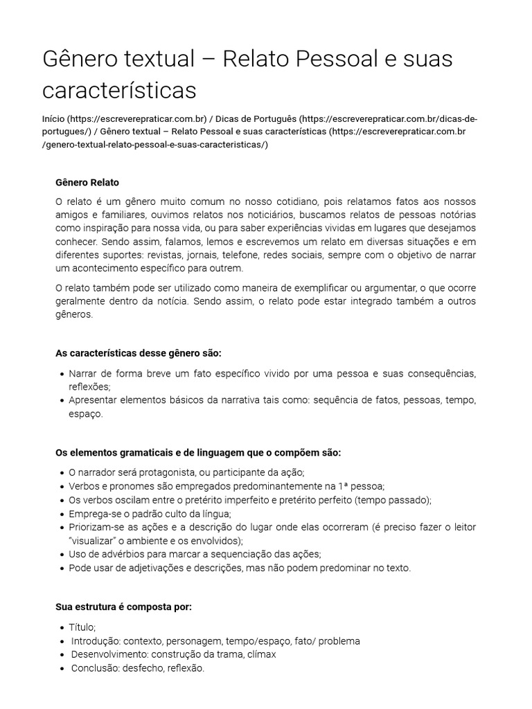 Gênero Textual - Relato Pessoal e Suas Características - Redação para ...