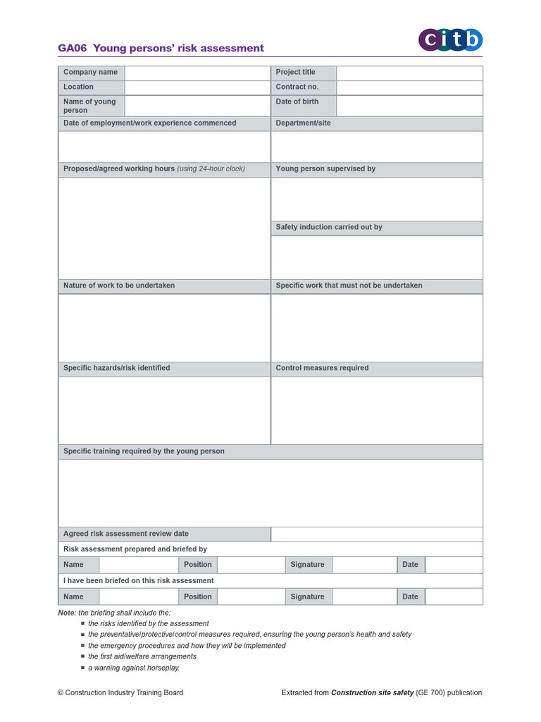 Young Persons' Risk Assessment Template | PDF
