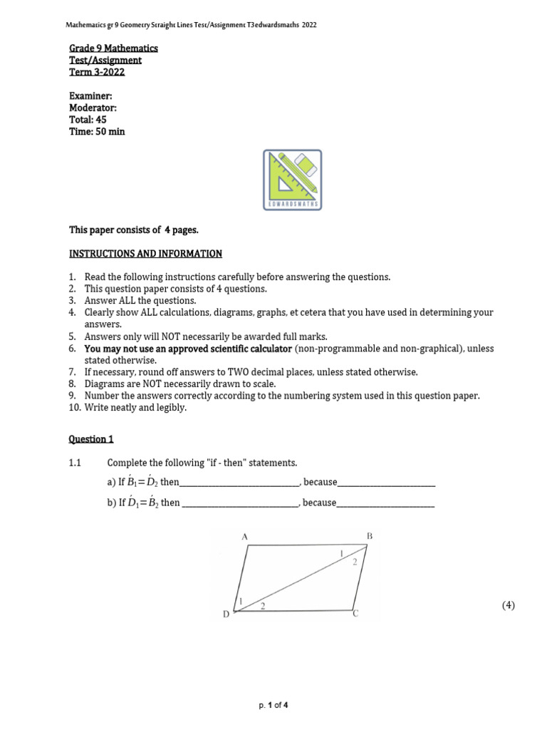 GR 9 Edwardsmaths Test or Assignment Geometry Straight Lines T3 2022 ...