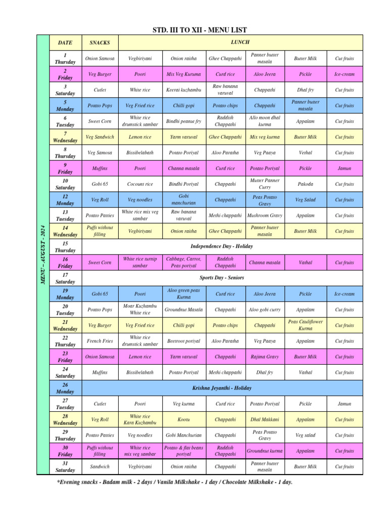 August 2024 - Menu List (STD 3 To 12) | PDF | Potato | Pickling