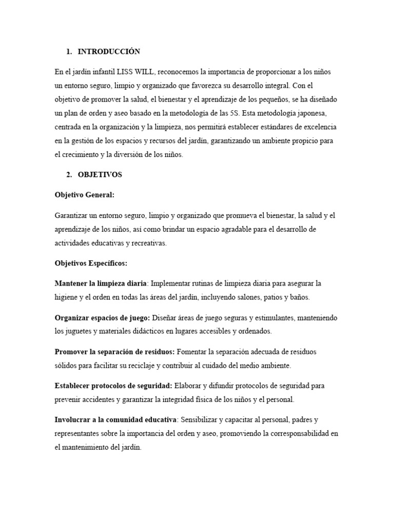 Plan de Orden y Aseo en Jardín Infantil | PDF | Crecimiento personal y ...