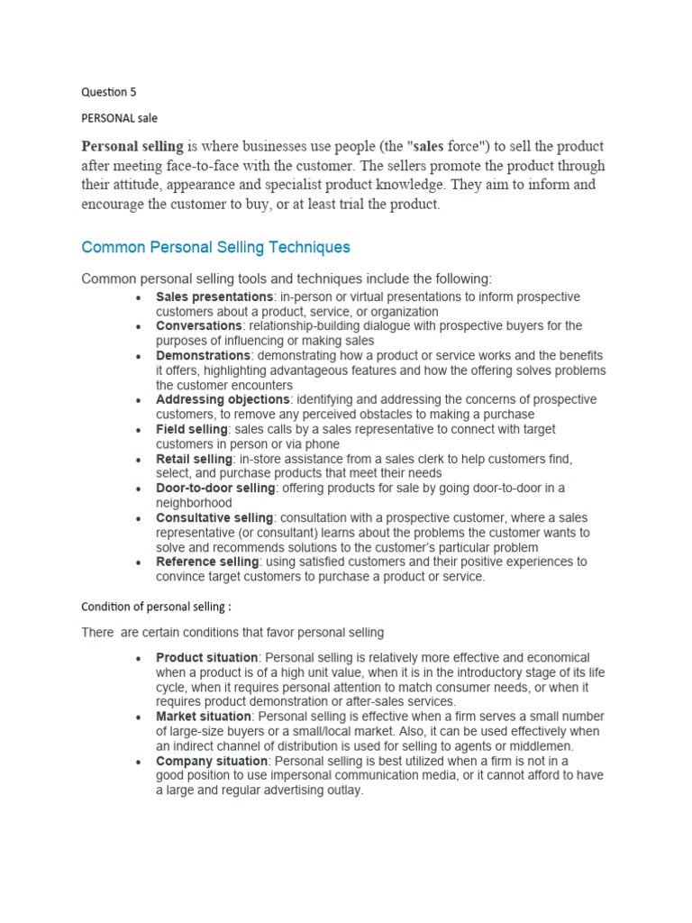 Common Personal Selling Techniques | PDF | Sales | Incentive