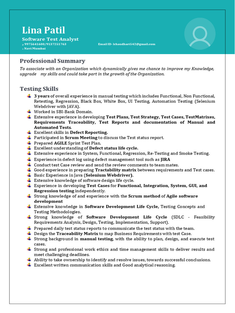 Software Test Analyst Resume - Lina Patil | PDF | Software Development ...