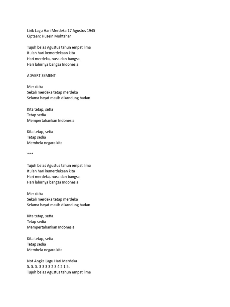 Lirik Lagu Hari Merdeka 17 Agustus | PDF